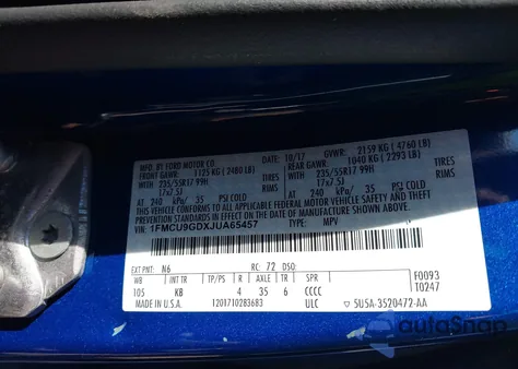 2018 Ford Escape Se from USA, damaged, VIN 1FMCU9GDXJUA65457